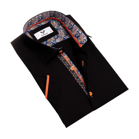 Short Sleeve Button Up Shirt // Solid Black + Floral (S)