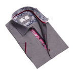 Short Sleeve Button Up Shirt // Light Gray + Pink Paisley (S)