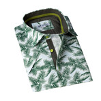 Short Sleeve Button Up Shirt // White + Green Palms (L)