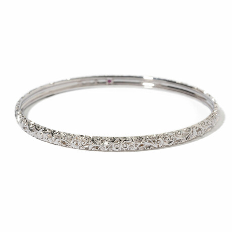 18k White Gold Etched Bangle Bracelet // 8" // New