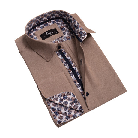 European Made & Designed Reversible Cuff French Cuff Dress Shirt // Light Brown + Brown + Blue (S)
