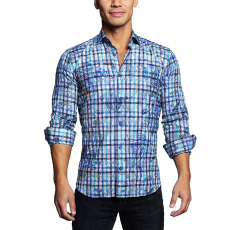 Fibonacci Plaid Flower Button Up Shirt // Blue (S)