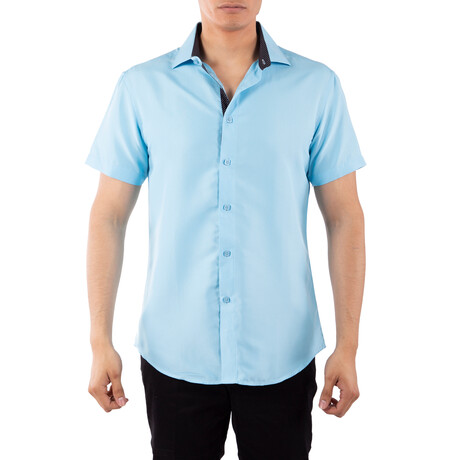 Solid Short Sleeve Button Up Shirt // Turquoise (XS)