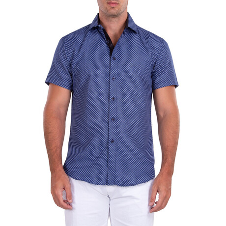 Geometric Short Sleeve Button Up Shirt // Navy (XS)