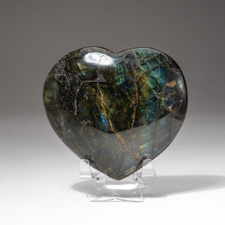 Genuine Polished Labradorite Heart + Acrylic Display Stand