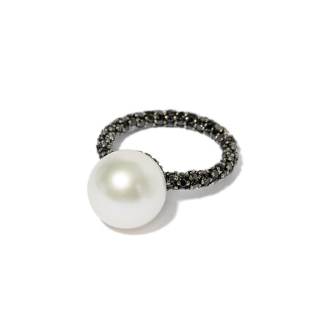 18k Black Gold Diamond + White Pearl Ring // Ring Size 6.5 // New