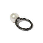 18k Black Gold Diamond + White Pearl Ring // Ring Size 6.5 // New