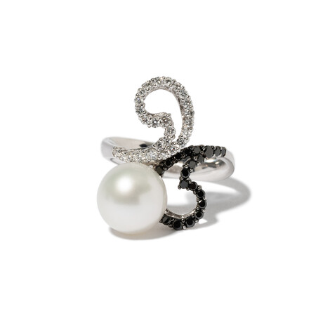 18k White Gold Diamond + White Pearl Ring // Ring Size 6 // New