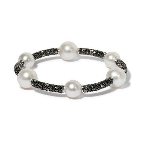 18k White Gold + 18k Black Gold Diamond + Pearl Bracelet // 7.5" // New