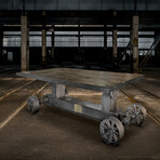 Industrial Trolley Dining Table // Adjustable Crank + Iron Wheels // Rustic Ebony