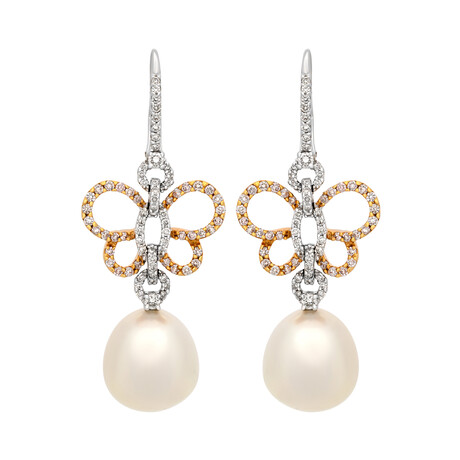 18k White Gold + 18k Rose Gold Diamond + South Sea Pearl Earrings // Store Display