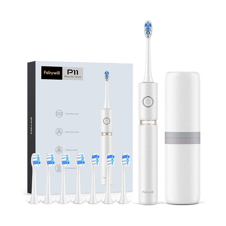 P11 // White Electric Toothbrush + 8 Heads + White Travel Case