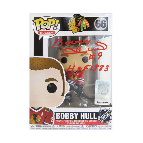 Bobby Hull // Signed Chicago Blackhawks NHL Legends Funko Pop Doll #66 // With "HOF 1983" Inscription