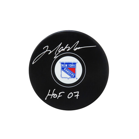 Mark Messier // Signed New York Rangers Logo Hockey Puck // With "HOF'07" Inscription