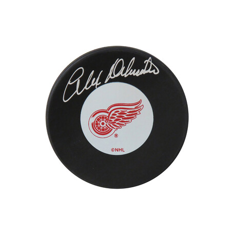 Alex Delvecchio // Signed Detroit Red Wings Logo Hockey Puck