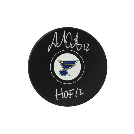 Adam Oates // Signed St Louis Blues Logo Hockey Puck // With "HOF'12" Inscription