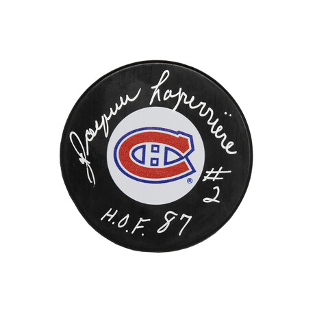 Jacques Laperriere // Signed Montreal Canadians Hockey Puck // With "HOF'87" Inscription