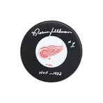 Norm Ullman // Signed Detroit Red Wings Logo Hockey Puck // With "HOF 1982" Inscription