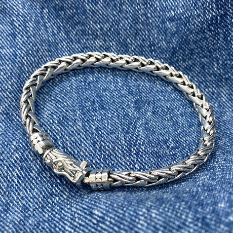 Detailed Wheat Chain + Braided Line Open Box Sterling Silver Bracelet