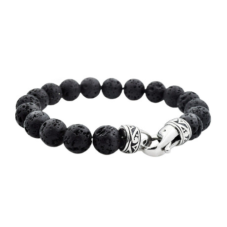 Lava Stone Bead Bracelet // Charcoal + Silver