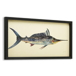 "Blue Marlin" Dimensional Graphic Collage Framed Under Glass Wall Art