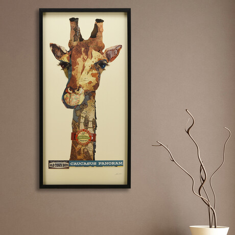 "Giraffe" Dimensional Graphic Collage Framed Under Glass Wall Art