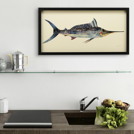 "Blue Marlin" Dimensional Graphic Collage Framed Under Glass Wall Art