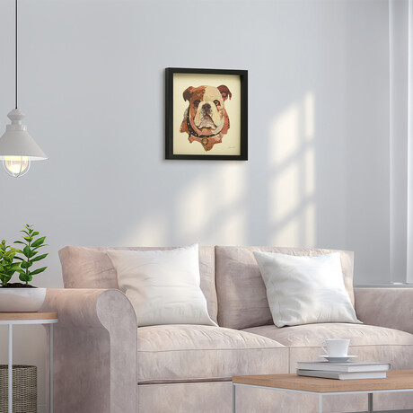 "English Bulldog Pup" Dimensional Graphic Collage Framed Under Tempered Glass Wall Art