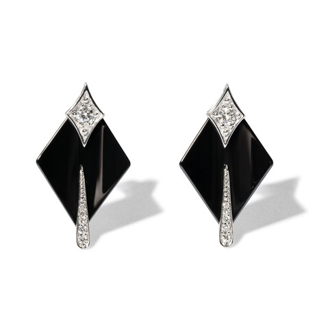 18k White Gold Diamond + Black Ceramic Dangly Statement Earrings I // New