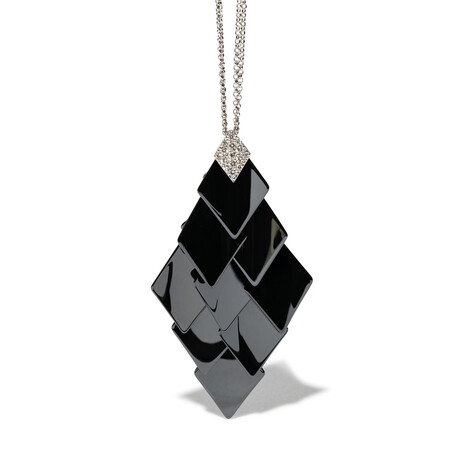 18k White Gold Diamond + Black Ceramic Chandelier Pendant Necklace I // 16" // New