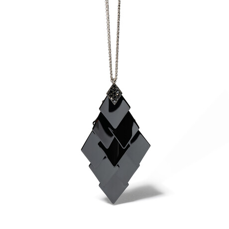 18k White Gold Diamond + Black Ceramic Chandelier Pendant Necklace II // 16" // New