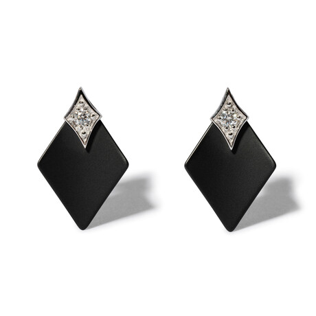 18k White Gold Diamond + Black Ceramic Drop Earrings // New