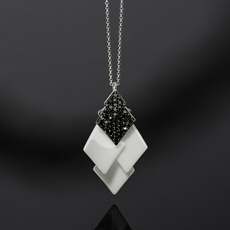 18k White Gold Diamond + White Ceramic Layered Pendant Necklace II // 16" // New