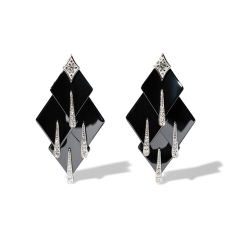 18k White Gold Diamond + Black Ceramic Layered Earrings // New