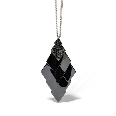 18k White Gold Diamond + Black Ceramic Chandelier Pendant Necklace // 16" // New
