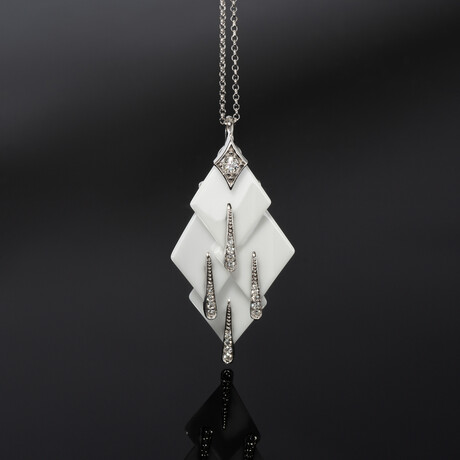 18k White Gold Diamond + White Ceramic Layered Pendant Necklace I // 16" // New