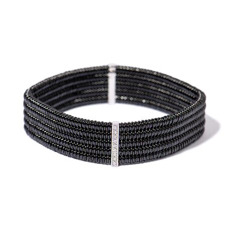 18k White Gold Diamond + Black Ceramic Bead Cuff Bracelet // 7.5" // New
