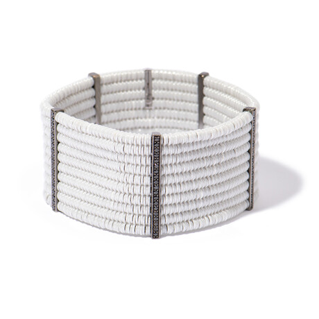 18k Black Gold Diamond + White Ceramic Wide Cuff Stretch Bracelet II // 7.5" // New