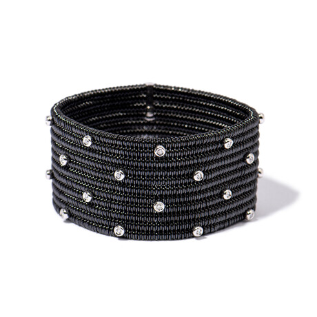 18k White Gold Diamond + Black Ceramic Wide Cuff Stretch Bracelet I // 7.5" // New