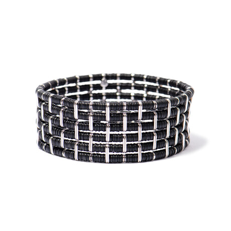 18k White Gold Diamond + Black Ceramic Wide Cuff Stretch Bracelet // 7" // New