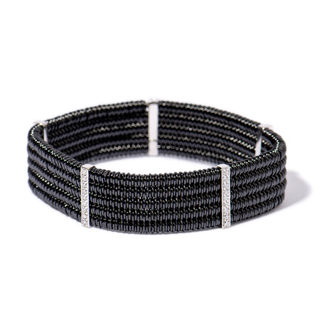 18k White Gold Diamond + Black Ceramic Bead Cuff Bracelet // 7" // New