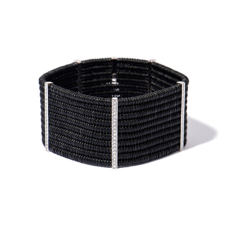 18k White Gold Diamond + Black Ceramic Wide Cuff Stretch Bracelet II // 7.5" // New
