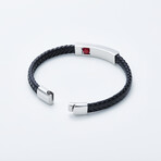Dell Arte // Braided Leather Bracelet + Rotating Coral Bead // Black + Silver + Red