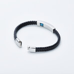Dell Arte // Braided Leather Bracelet + Rotating Aqua Magnesite Bead // Black + Silver + Blue