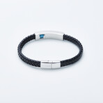 Dell Arte // Braided Leather + Rotating Aqua Magnesite Bead Bracelet // Black + Silver + Blue