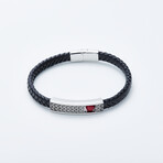Dell Arte // Braided Leather Bracelet + Rotating Coral Bead // Black + Silver + Red