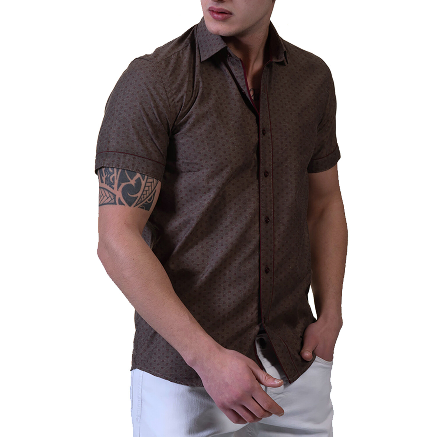 Short Sleeve Button-Up Shirt // Army Green + Burgundy (XL) - Amedeo ...