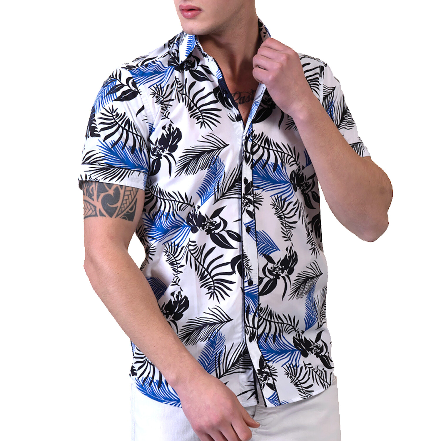 Tropical Print Short Sleeve Button Up // White + Black + Blue (XL ...