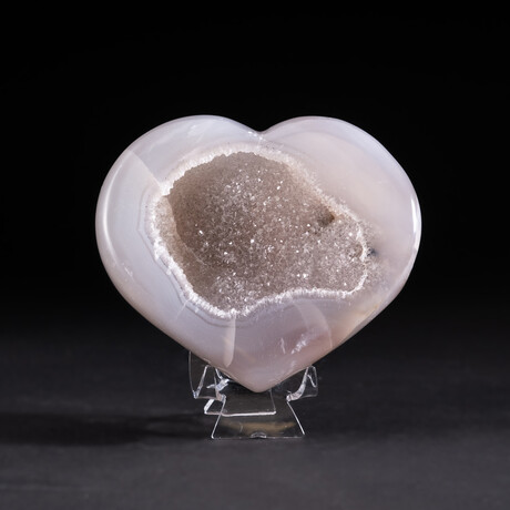 Genuine Agate and Druzy Quartz Crystal Cluster Heart + Acrylic Display Stand