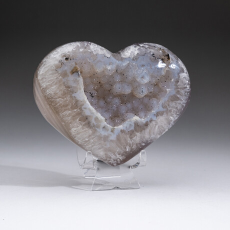 Genuine Agate Druzy Crystal Cluster Heart + Acrylic Display Stand // V2